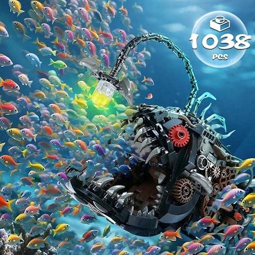 PLAYBRIX Mechanical Lantern Fish Building Sets for Adults, Compatible with Lego, Creative Ocean Animal Toy for Home Office Decor, STEM Gift for Boys 8-14 thumbnail 6