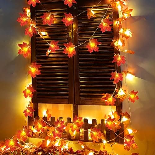 Fall Decor 2 Pack Fall Garland with Lights Enlarged Maple Leaves 20Ft 40LED | Halloween Fall Decorations for Home, Battery Operated Waterproof Autumn String Lights Indoor Outdoor Thanksgiving Decorations thumbnail 4