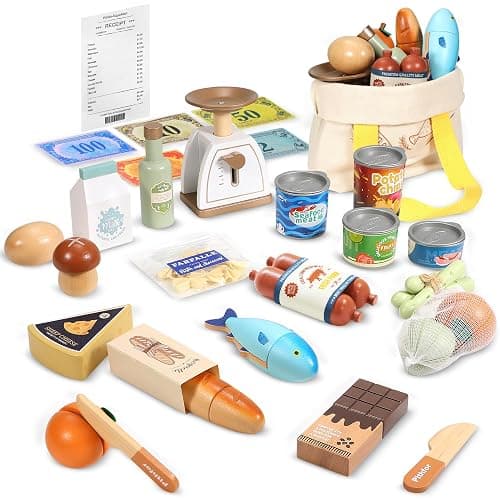 Pithfor Wooden Play Food Set for Kids Toddlers, Grocery Store Pretend Play Food, Pretend Grocery Shopping & Play Kitchen Accessories for Boys Girls thumbnail 8