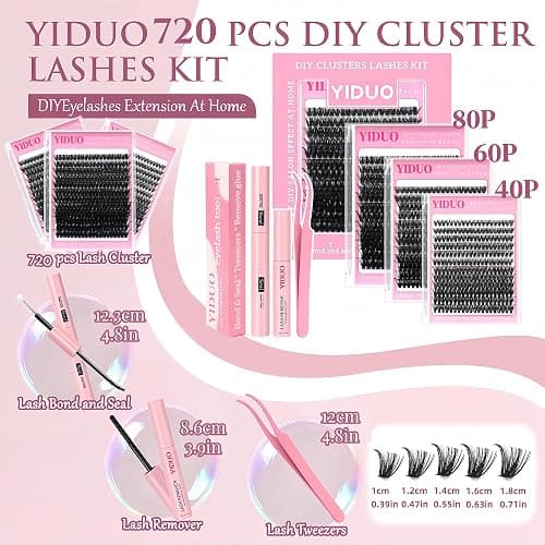 YIDUO 3 Styles Lashes Cluster Kit 720Pcs Eyelash Extensions Kit 40P+60P+80P 8-18mm D Curl Volume False Eyelashes DIY Individual Wispy Fake Eye Lashes Combo Packs with Bond&Seal |Tweezers | Removers thumbnail 6