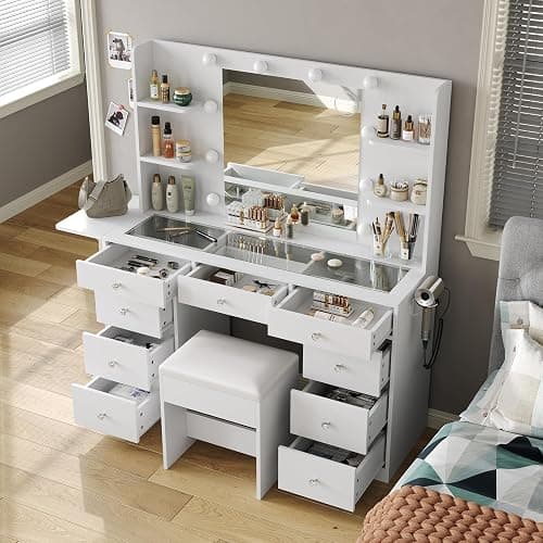 Yanosaku Vanity Desk & Power Outlet, Makeup Vanity with Mirror and 10 LED Lights, 3 Lighting Modes Brightness Adjustable, Makeup Table with 4 Shelves and Fold-up Panel, Vanity Set for Bedroom, White thumbnail 3