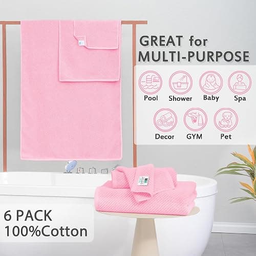 Pink Towels - 100% Cotton, Soft, Quick Dry, Lightweight, Towel Set of 6, 2 Large Bath 30" x 56", 2 Hand 18" x 28", 2 Washcloths 13" x 13", Pink Towels Bathroom Sets, Luxury Towel Gift Set thumbnail 3