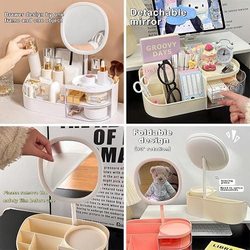 DASITON Makeup Organizer with Rechargeable Mirror,Makeup Brush Holder with 2 Drawers,Skincare and Cosmetics Organizer Countertop,Large Capacity Cosmetic Display Case for Vanity,Bedroom,Bathroom(Green) thumbnail 5