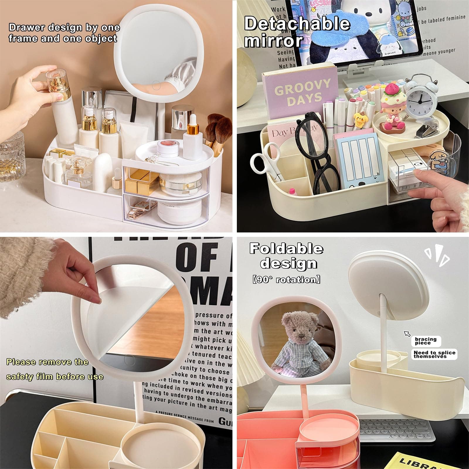 DASITON Makeup Organizer with Rechargeable Mirror,Makeup Brush Holder with 2 Drawers,Skincare and Cosmetics Organizer Countertop,Large Capacity Cosmetic Display Case for Vanity,Bedroom,Bathroom(White) thumbnail 4