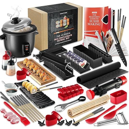 CraftZee All-Inclusive π£π₯ππ ππ¨π Sushi Making Kit for Beginners & Professionals - Sushi Maker with Rice Cooker, Reusable Chopsticks, Bazooka, Sushi Roller, Book - Sushi Kit for Family BPA-Free - Image 1