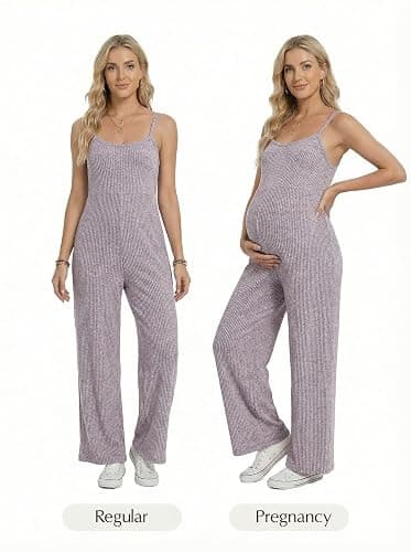 BLENCOT Maternity Ribbed Jumpsuit Stretchy One Piece Wide Leg Romper | Women's Sleeveless Square Neck Adjustable Strap High Waist Casual Lounge Sets Pregnancy Clothes Fashion 2026 thumbnail 6