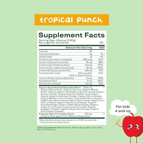 Bloom Nutrition Superfood Greens Powder for Kids, Digestive Enzymes, Probiotics, Prebiotics, Gut Health, Chlorella, Green Juice Mix w/Beet Root Powder (25 Servings (Pack of 1), Tropical Punch) thumbnail 5