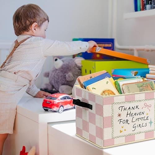 Girls Nursery Blessing Storage Bins Box Foldable Basket for Organizing | girls room collapsible storage bins box with handles, motivational checkered basket organizer for bedroom playroom, 10x14 in thumbnail 5