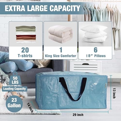 WORKPRO 6 Pack Extra Large Moving Bags with Zippers & Carrying Handles Backpack Straps, Heavy-Duty Storage Tote for Space Saving & Storage, Alternative to Moving Box (Dusty Blue) thumbnail 2
