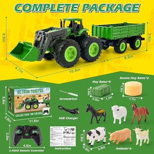 Remote Control Tractor Toy Set with Trailer & Farm Accessories, Light Up Farm Truck Toys for Boys & Girls 3, 4, 5, 6, 7 Year Old, 2.4 Ghz RC Tractor Toys, Ideal Christmas, Birthday Gifts for Kids thumbnail 2