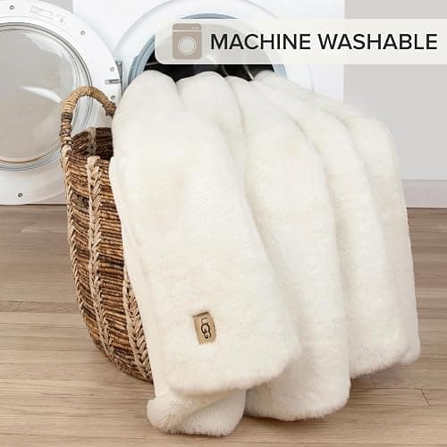UGG Euphoria Plush Faux Fur Throw Blanket Medium Weight Reversible Luxury Soft Throw for Couch Bed or Chair Hypoallergenic Machine Washable Home Decor Fluffy Blanket, 50-inch x 70-inch, White Snow - White - Throw thumbnail 6