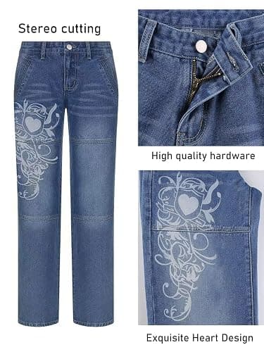Xineicy Women's Low Rise Heart Pattern Baggy Jeans Washed Wide Leg Denim Cargo Pants thumbnail 5