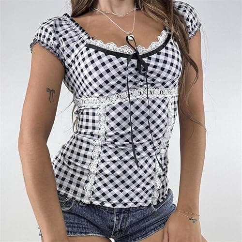 VnimVinter Women Fairy Grunge Y2k Shirt Vintage Short Sleeve 2000s Fairycore Aesthetic Crop Top E-Girl Streetwear thumbnail 5