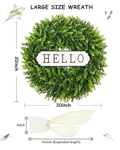 DDHS 20'' Boxwood Wreaths Front Door Artificial Spring Wreath. Wreaths for Front Door Farmhouse Wedding Green Year Round Indoor Outdoor for Summer Wreath St Patricks Day Decorations -(Hello Sign) thumbnail 3