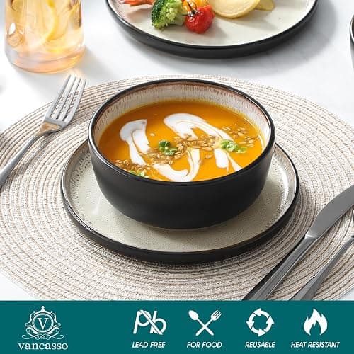 vancasso Plates and Bowls Sets, 24 Pieces Stoneware Dinnerware Sets for 8, Kitchen Dish Set Mircowave and Dishwasher Safe Ceramic Dishware, Light Cream, Series AMBER thumbnail 5