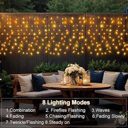 CCILAND Solar Curtain Lights Outdoor 4M x 1M 200 LED Curtain Lights Green Wire Waterproof Curtain String Lights for Garden Patio Gazebo Fence Wedding Party Decoration - Warm White thumbnail 4