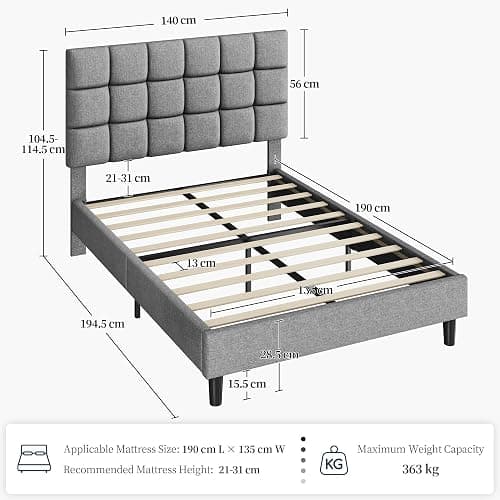 Yaheetech 4ft6 Double Bed Frame, Upholstered Headboard, Light Grey | Premium Linen-Fabric, Square Tufted & Adjustable Height Headboard, Solid Slats, Ideal for Bedrooms, Apartments and Guestrooms thumbnail 2