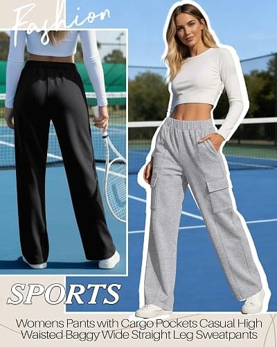 Neer 3 Pack Womens Pants with Cargo Pockets Casual High Waisted Baggy Wide Straight Leg Sweatpants Lounge Joggers Trousers thumbnail 3