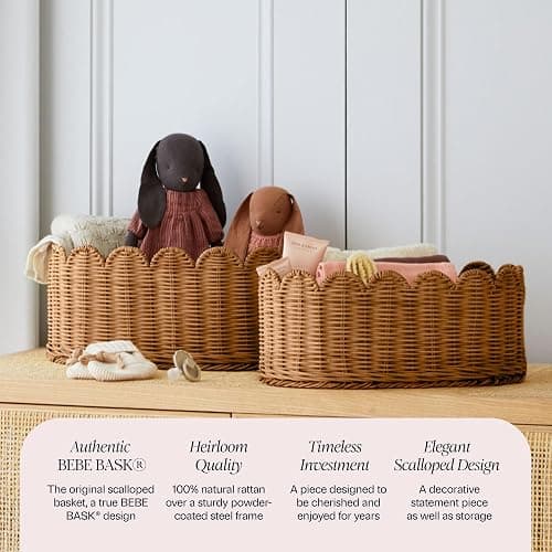 BEBE BASK Premium Scalloped Basket Set Of 2 - Scallop Basket - 16 x 10 x 7 Inch - Hand-Woven Elegant Wicker With Scalloped Edge - Nursery Storage (Mocca) thumbnail 3