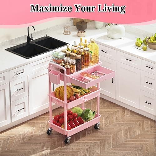 SUNALLY 3 Tier Rolling Cart with Drawer, Craft Storage Cart Organizer, Pink | Bathroom Storage Organizer with 2 Lockable Wheels, Rolling Utility Cart for Kitchen, Office, Baby, Makeup, Nail,Snack,Laundry thumbnail 6