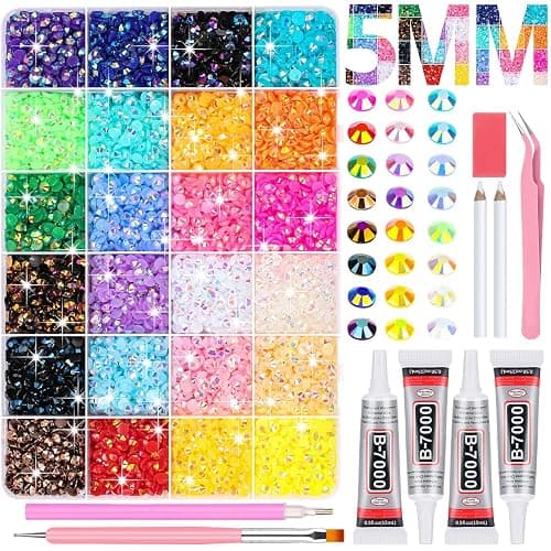 B7000 Glue with Large Rhinestones for Crafting, 5MM Rainbow Rhinestones Flat Back Gems Crystal with Jewelry Glue Adhesive for DIY Graduation Cap Bedazzling Crafts Clothes Tumblers Shoes - Image 1