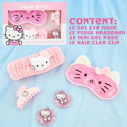 Hello Kitty Sanrio Beauty Set for Women, Teens with Cooling Gel Eye Mask, Plush Skincare Headband, Claw Clip, Eye Pads, Kawaii Gifts for Women (Pink Hello Kitty) thumbnail 6