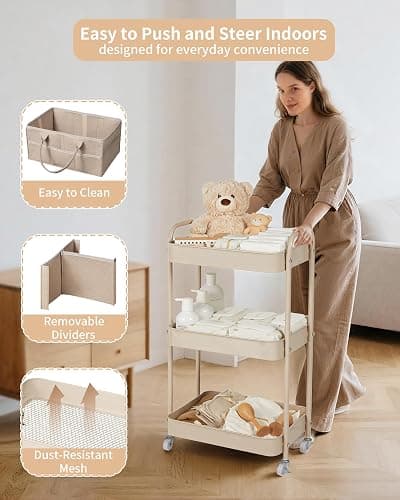 Fortella Nappy Caddy Organizer, 3-Tier Storage Trolley on Wheels, Bedroom Storage Baby Essentials for Newborn Nursery Changing Table, Easy Assembly, Portable Nappy Bag, Bathroom Kitchen Trolley(Brown) thumbnail 5
