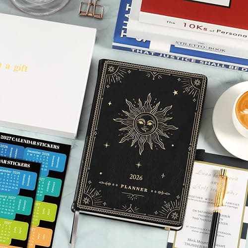 Artfan Diary 2026 - Diary 2026 a5 Week to View, January 2026 - December 2026 12 Months, Premium Leather Cover, Gold Stamp, Accordion Pocket, 25 Note Pages, Black thumbnail 6
