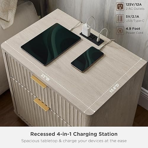 T4TREAM 23'' Fluted Nightstand Set of 2 with Charging Station, Large 2 Drawer Side Table, Modern End Table with Storage, Mid Century Bedside Table for Bedroom, Living Room, Curved Profile, White Alder thumbnail 5