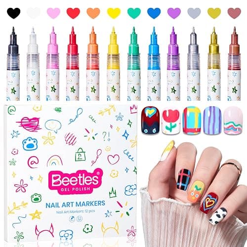 Beetles 12 Colors Nail Art Pens, 0.5mm Fine Line Nail Polish Pens for Women | Quick Air Drying Acrylic Paint Markers for Nail Art Design Easy Painting Dots Liner Lettering, DIY Home Salon Nail Art Tools - Image 1