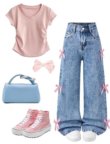 Feuoive Girls Baggy Jeans Wide Straight Leg Elastic High Waisted Denim Pants Fashion Y2k Boyfriend Skater Streetwear 7-14Y thumbnail 6