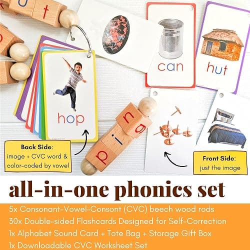 LITTLE BUD KIDS Spin-and-Read Montessori Phonetic Reading Blocks with CVC Phonics Flashcards for Beginner Readers, Montessori Reading Wooden Toys for 3 Years + thumbnail 3