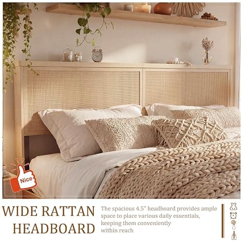 Brafab Natural Rattan Queen Bed Frame with Wooden Headboard and 4 Storage Drawers, Boho Cane Bed Metal Platform Bed with Strong Wooden Slat, Noise Free, No Box Spring Needed thumbnail 5