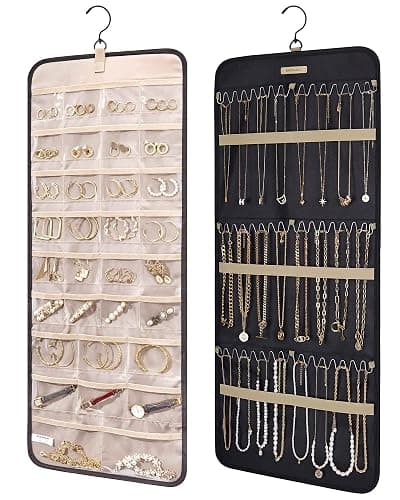BAGSMART Hanging Jewelry Organizer Storage Roll with Hanger Metal Hooks Double-Sided Jewelry Holder for Earrings, Necklaces, Rings on Closet, Wall, Door, 1 piece, Large, Black - Image 1