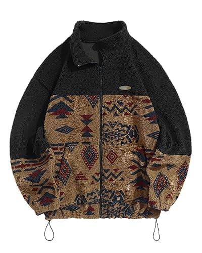 ZAFUL Men Ethnic Aztec Printed Fluffy Fuzzy Jacket Plush Fleece Casual Stand Collar Zip Outwear Cardigan Coat with Pockets - Image 1