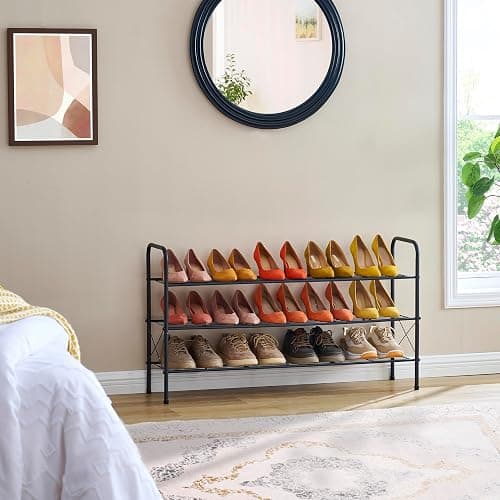 Hoctieon 3 Tier Mesh Style Shoe Rack, Entryway Shoe Shelf, Shoe Storage Organizer, Shoe Rack for Closet, Space Save for Bathroom, Garage, Hallway, Bedroom, Living Room, Black thumbnail 4