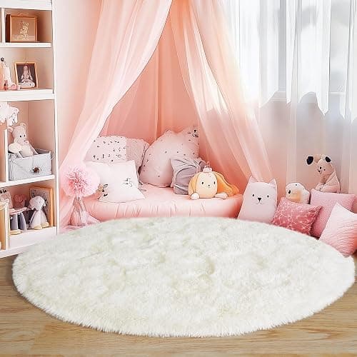 Quntue 3'x3' Cream Round Rugs for Girls Bedroom, Ultra Soft Fluffy Circle Rug for Kids Room, Cute Small Shag Rugs for Living Room Playroom Tent Castle Home Decor Rug thumbnail 2