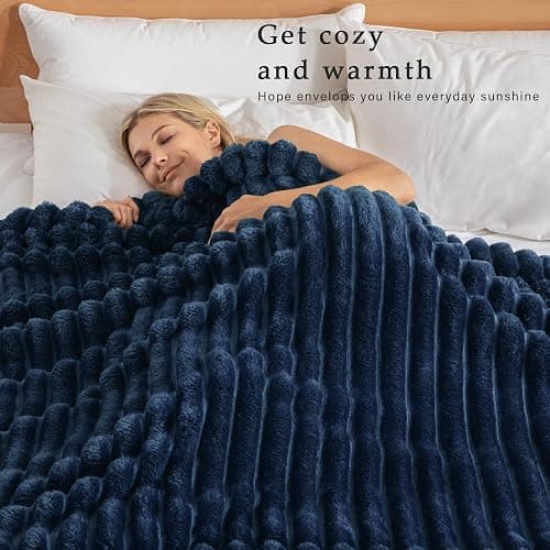 Exclusivo Mezcla Fleece Throw Blanket for Couch, Super Soft Striped Jacquard Bed Blanket, Lightweight Fuzzy Cozy for All Seasons, 50x60 Inches, Navy Blue thumbnail 3