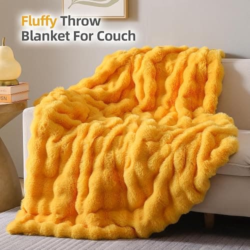 Smoofy Faux Fur Throw for Couch - Mustard Yellow Bubble Blanket 50"x60" | Fluffy Plush Fuzzy Throw for Sofa & Bed, Super Soft Cozy Comfort Blanket, Luxury Aesthetic Yellow Decor Gift for Women thumbnail 3