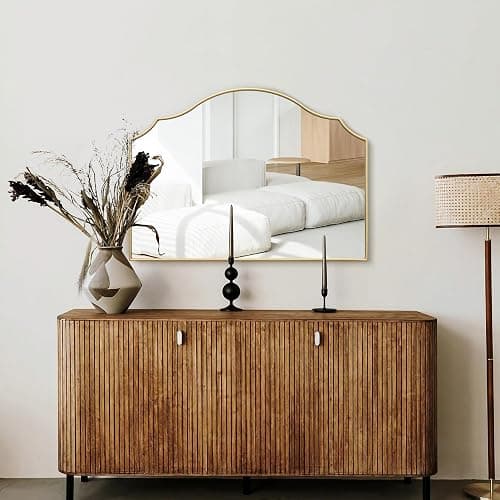 Besdomus Gold Scalloped Mirror for Dresser: 35"x26" Modern Wooden Mantel Mirror - Minimalist Decorative Wall for Vanity/Bedroom/Fireplace/Entryway - Ideal for 20-44 Age Fashion Women thumbnail 8