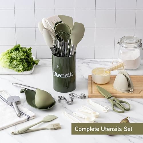 COOK WITH COLOR Silicone Cooking Utensils, Kitchen Utensil Set, Easy to Clean Silicone Kitchen Utensils, Cooking Utensils for Nonstick Cookware, Kitchen Gadgets Set, 38 Piece, Green thumbnail 2