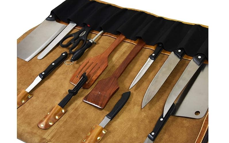 Aaron Leather Goods Vendimia Estilo Leather Knife Roll Storage Bag, Elastic and Expandable 10 Pockets, Adjustable/Detachable Shoulder Strap, Travel-Friendly Chef Knife Case Roll (Caramel, Leather) thumbnail 4