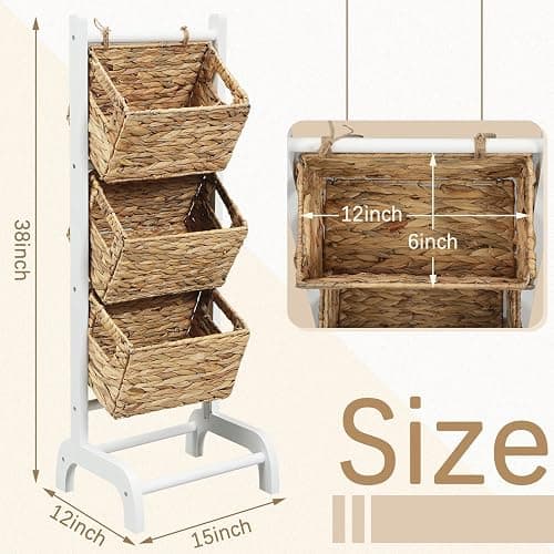 Menkxi Wicker 3 Tier Foldable Storage Basket Floor Rack with Market Storage Basket Water Hyacinth Storage Rack Hand Woven Laundry Rack for Bathroom Kitchen Laundry Room Living Room Storage(White) thumbnail 3