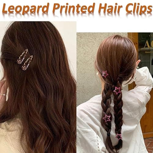 Metal Snap Hair Clips,8 Pairs Hair Barrettes for Women - Star & Water Drop Hair Barrettes, Non-Slip Y2K Accessories for Thin Thick Hair,Pink and Brown Leopard Print thumbnail 7