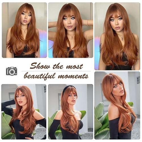 HAIRCUBE Long Auburn Wig with Bangs Layered Curly Orange Wigs for Women Natural Synthetic Wigs for Daily Use (pelucas de cabello natural) thumbnail 3