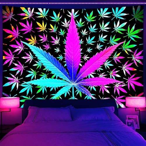 VEIGIKE Cool Trippy Weed Blacklight Tapestry UV Reactive, Neon Tie Dye Marijuana Leaf Cannabis Black Light Art Poster for Men Room Bedroom, Psychedelic Glow in The Dark Blanket Party Decor (60X40) thumbnail 2