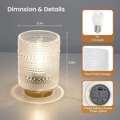 Battery Operated Lamp with Timer, Cordless Table Lamps with LED Warm Bulb | Small Lamp for Bedside, Wireless Lamp for Entryway/Dorm/Office/Patio/Living Room Decor, 2AAA Battery-powered, Transparent thumbnail 2