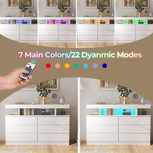 BEWISHOME White Dresser for Bedroom with Charging Station and LED Lights, Wood 6 Drawer Dresser TV Stand with Open Space, Modern Wide Dressers Chest of Drawers for Closet, Living Room, White KCG02W thumbnail 4