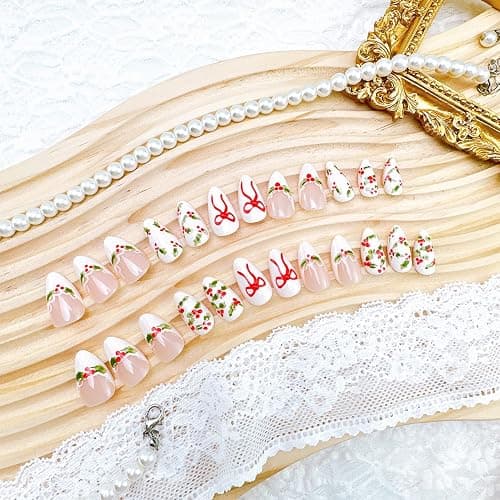 24pcs Christmas Press on Nails Short Almond Fake Nails with Red Rhinestones Designs Xmas Holly Bow False Nail White French Tip Acrylic Nails Cute Full Cover Glue on Nail for Women DIY Manicure thumbnail 2