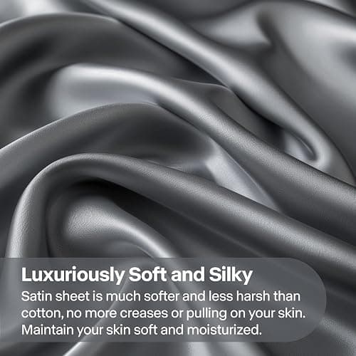 BEDELITE Satin Sheets Full Size Bed Set, Luxury Soft Dark Grey Silky Sheets for Hair and Skin, Similar to Silk Bed Sheets Set 4 Pieces with 1 Deep Pocket Fitted Sheet, 1 Flat Sheet, and 2 Pillowcases thumbnail 3